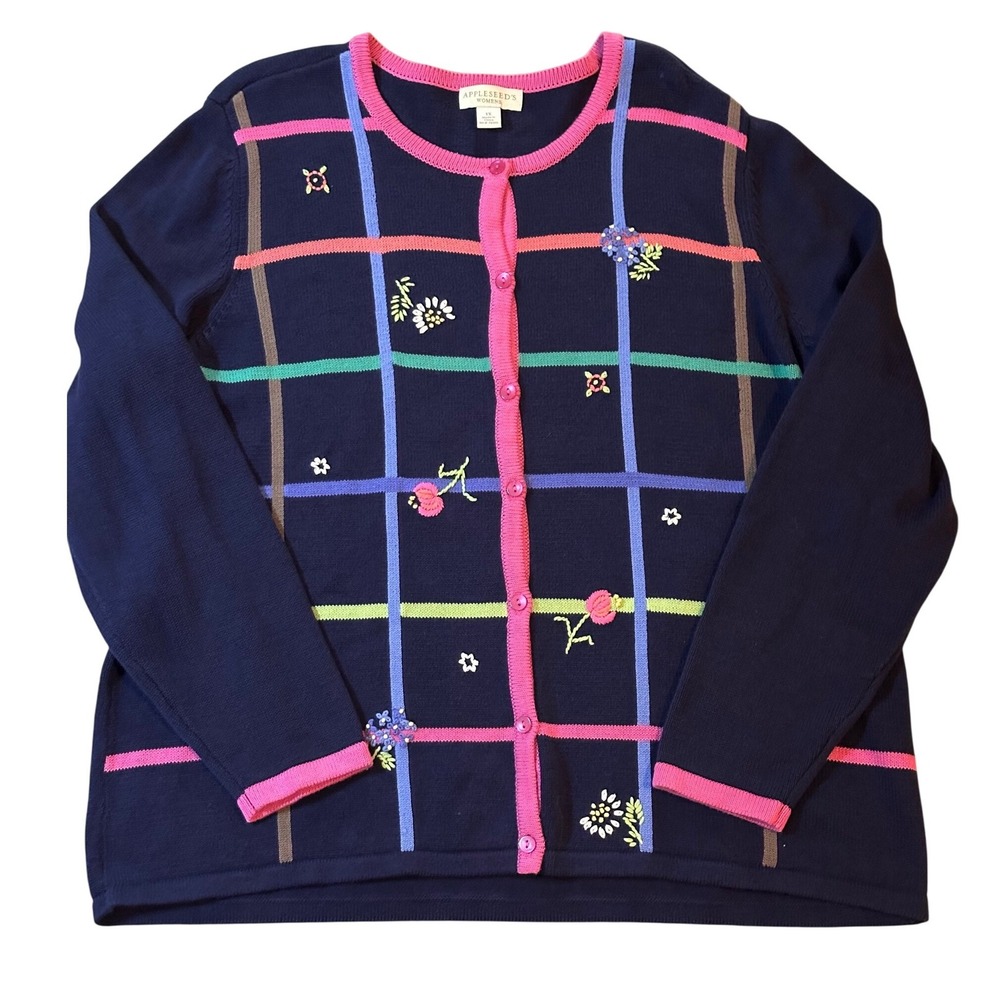 VTG Appleseed's Cardigan Sweater Women 1X Navy Blue‎ Plaid Floral Knit Button Up